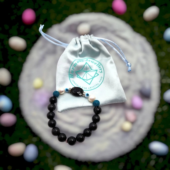 Black Obsidian, Freshwater Pearl, Evil Eye Bracelet 10 mm - Picture 6 of 6